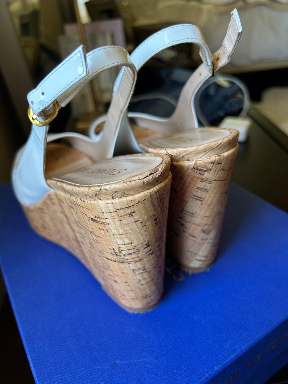 Stuart Weitzman White Patent Slingback Coated Cork Wedge - Picture 5 of 9